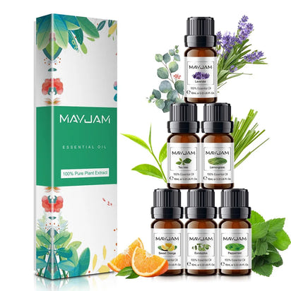 MAYJAM 6pcs Pure Essential Oils Kit For Humidifier Diffusers Lavender Eucalyptus Peppermint Tea tree Sweet Orange Lemongrass