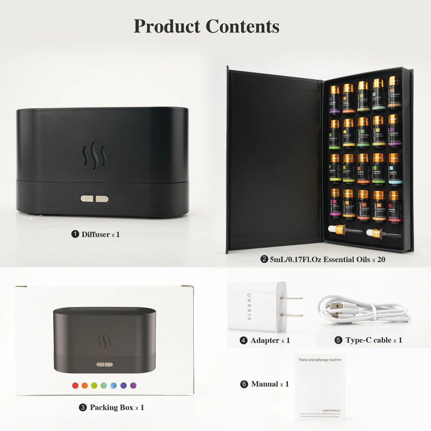 MAYJAM Essential Oil Humidifier Gift Set 20 Bottles Aroma Oils Lavender Eucalyptus Vanilla with Flame Air Diffuser Humidifier