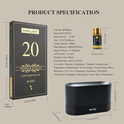 MAYJAM Essential Oil Humidifier Gift Set 20 Bottles Aroma Oils Lavender Eucalyptus Vanilla with Flame Air Diffuser Humidifier