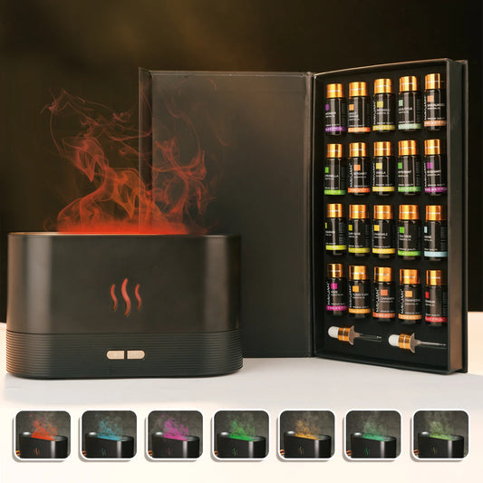 MAYJAM Essential Oil Humidifier Gift Set 20 Bottles Aroma Oils Lavender Eucalyptus Vanilla with Flame Air Diffuser Humidifier